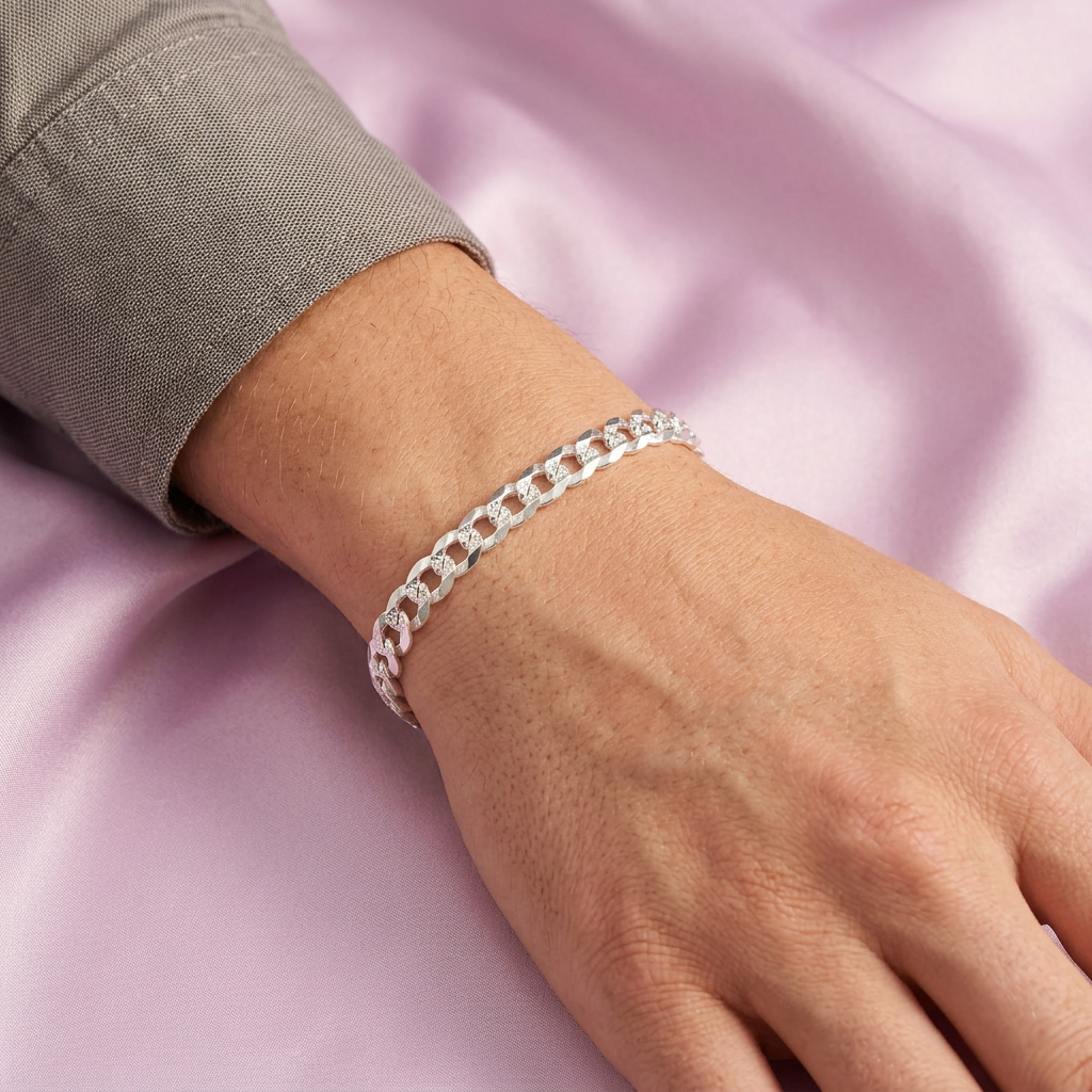Pulsera de Plata .925 Tejido Barbada Solido con Diamantado mod. 2448