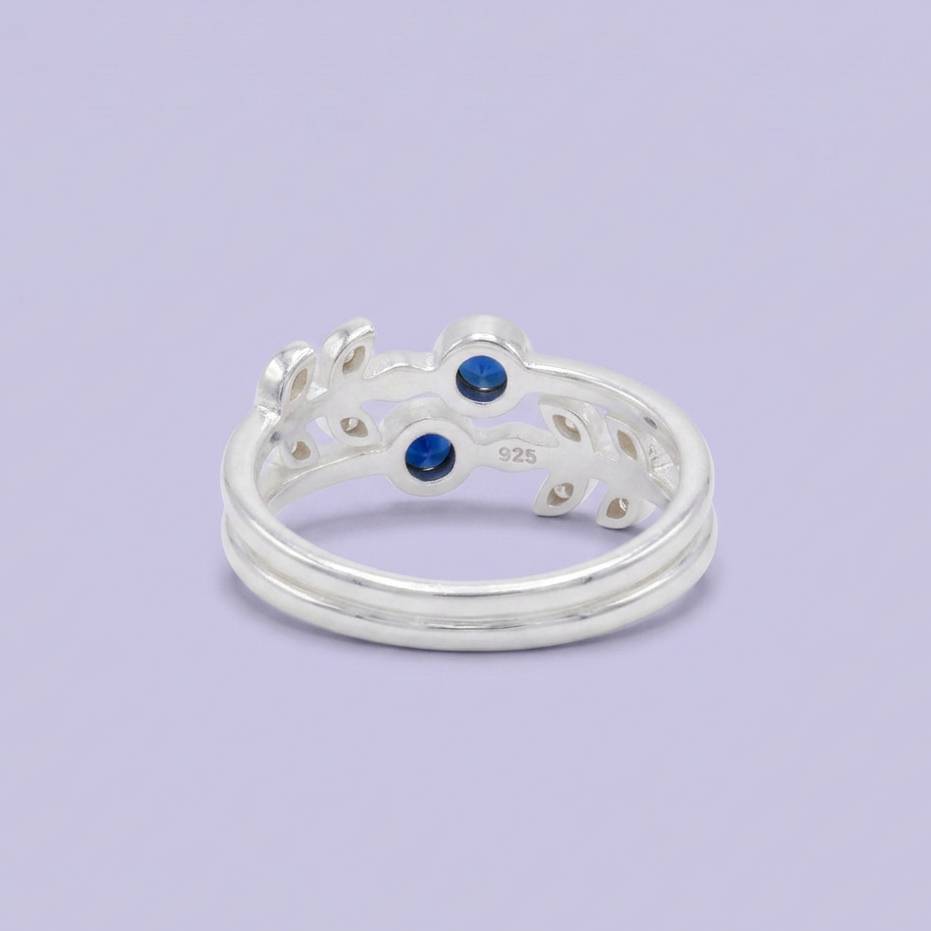 Anillo de Plata .925 Diseño Doble Linea con Hojas y Zirconia Color Zafiro mod. 3102