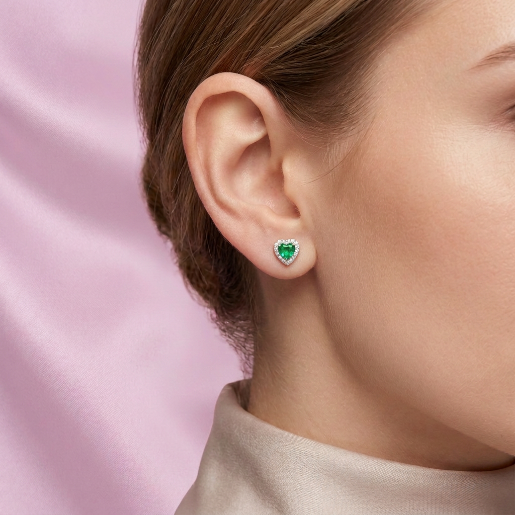 Arete de Plata .925. Corazón Verde con Incrustación de Zirconias mod. 3168