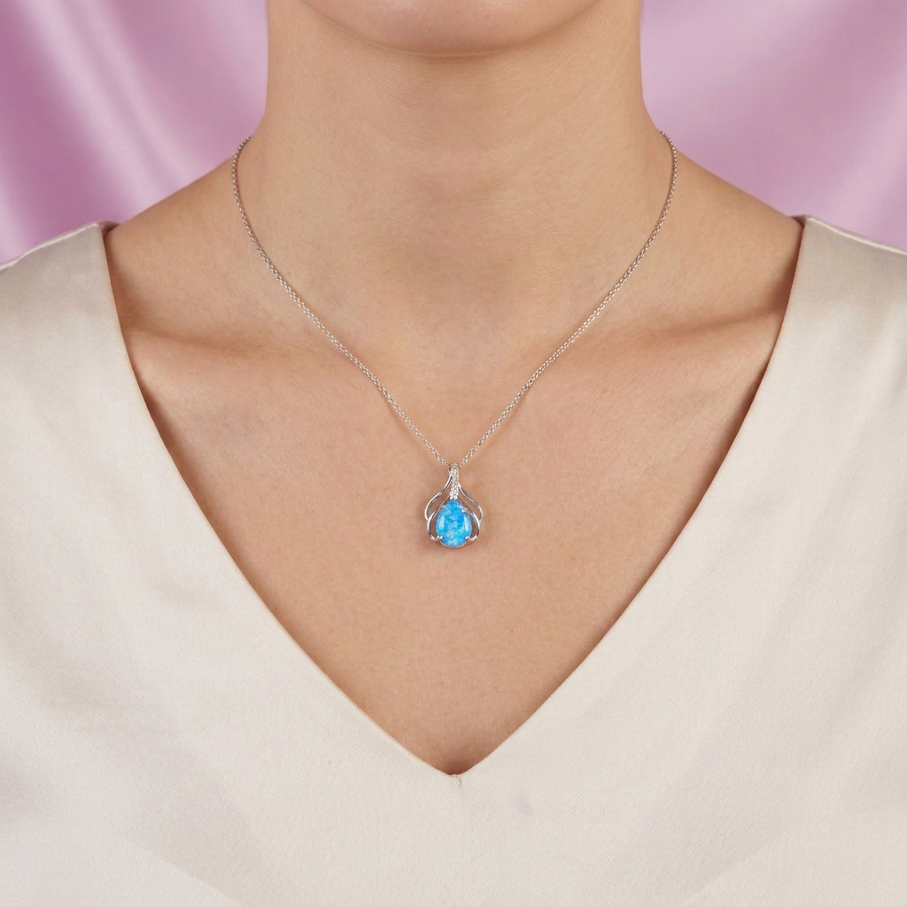 Dije de Plata .925 Diseño Especial de Gota Incrustado con Ópalo Azul mod. 2887