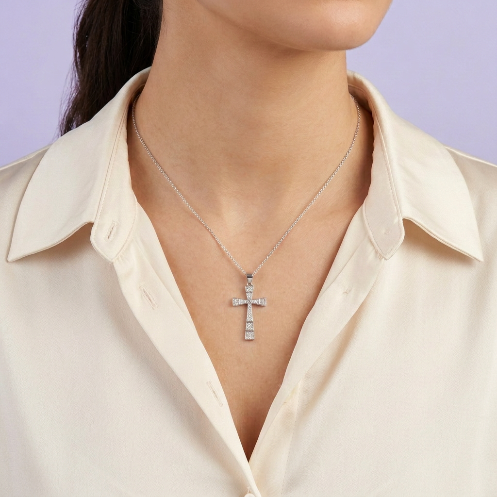 Dije de Plata .925 Cruz Incrustada de Zirconias Brillantes Detallada con Divisiones mod. 2880