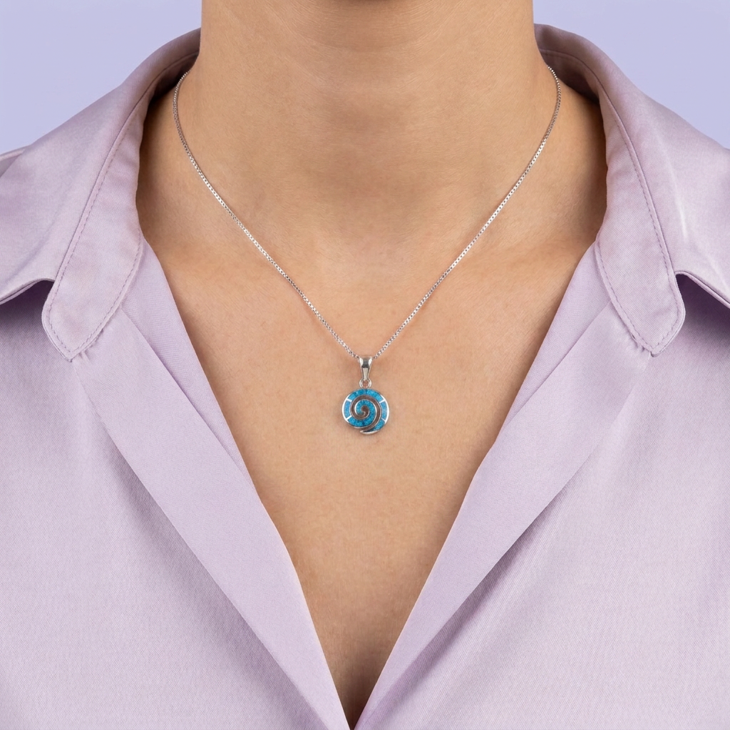 Dije de Plata .925 Espiral Incrustada con Ópalo Azul mod. 2892