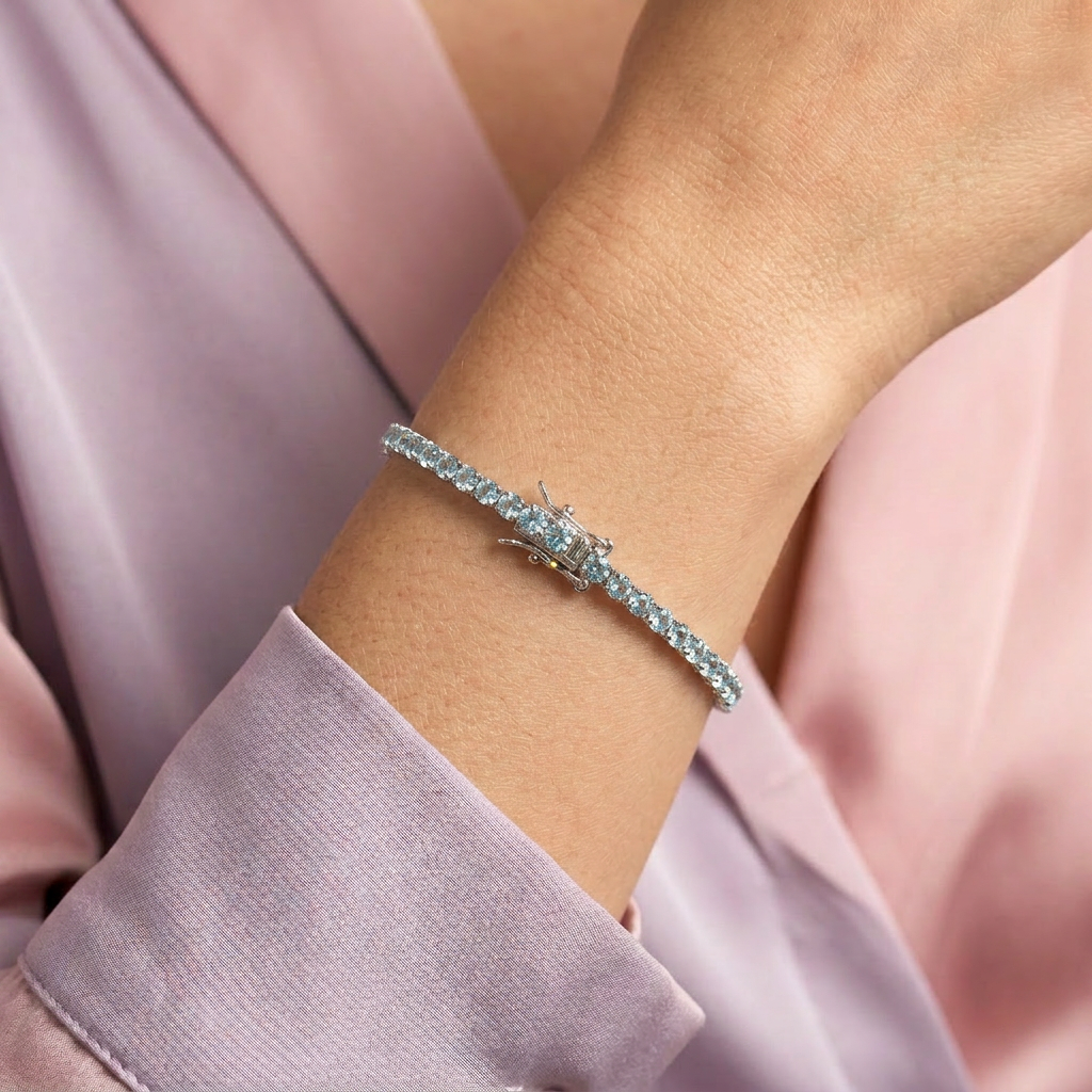 Pulsera de Plata .925 Tejido Tenis de Diseño Elegante con Zirconias Color Azul Cielo mod. 2378
