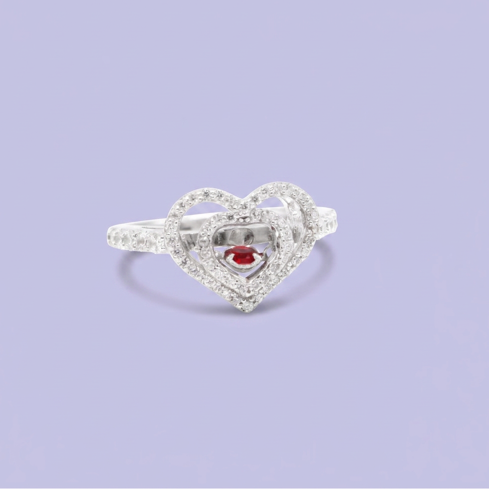 Coordinado de Plata .925 Corazón Doble con Incrustación de Zirconias y Centro de Zirconia Rojo mod. 2945
