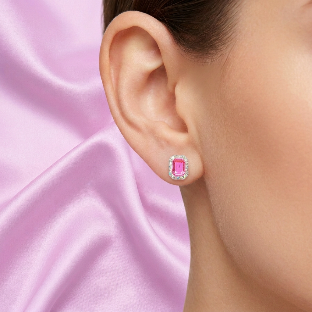 Arete de Plata .925.Rectangular Rosa Fucsia con Incrustación de Zirconias mod. 3183