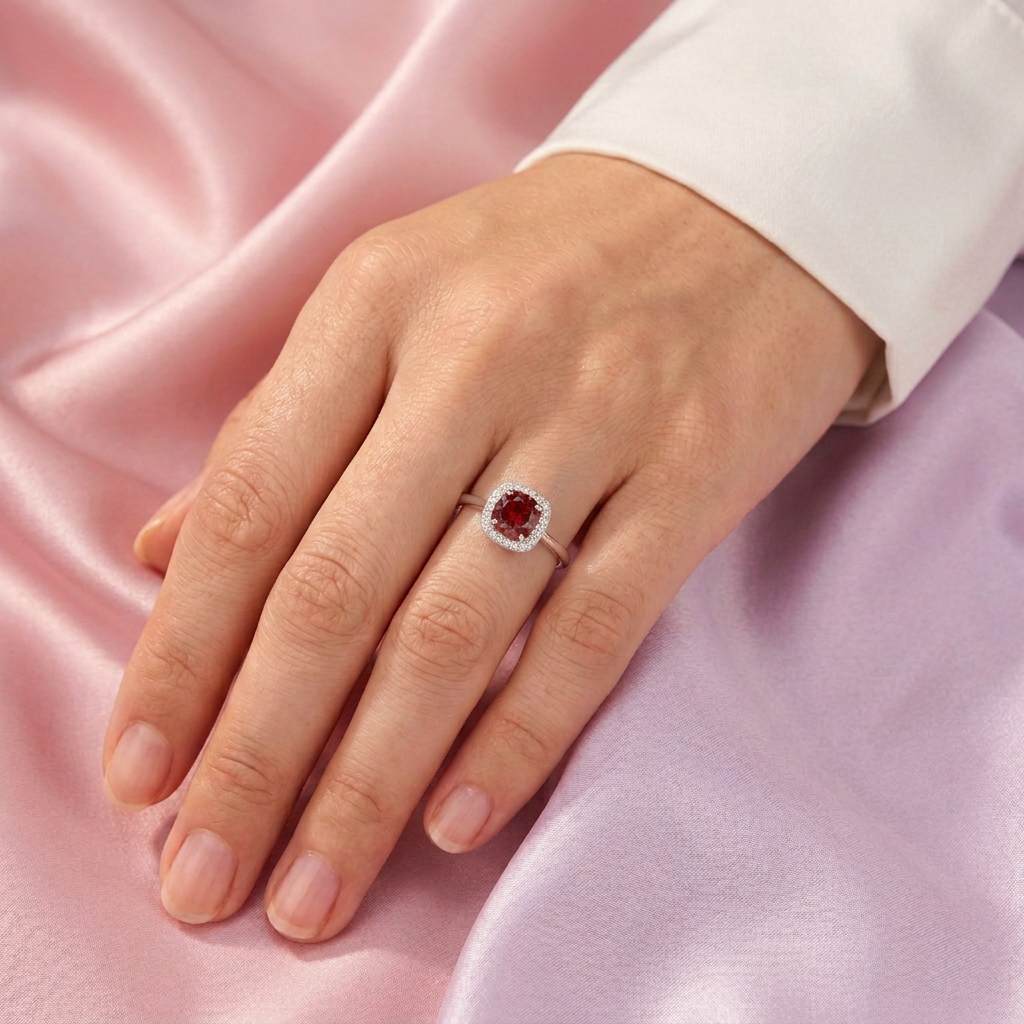 Anillo de Plata .925 con Diseño Cuadrado con Zirconia Color Rojo Brillante mod. 3106