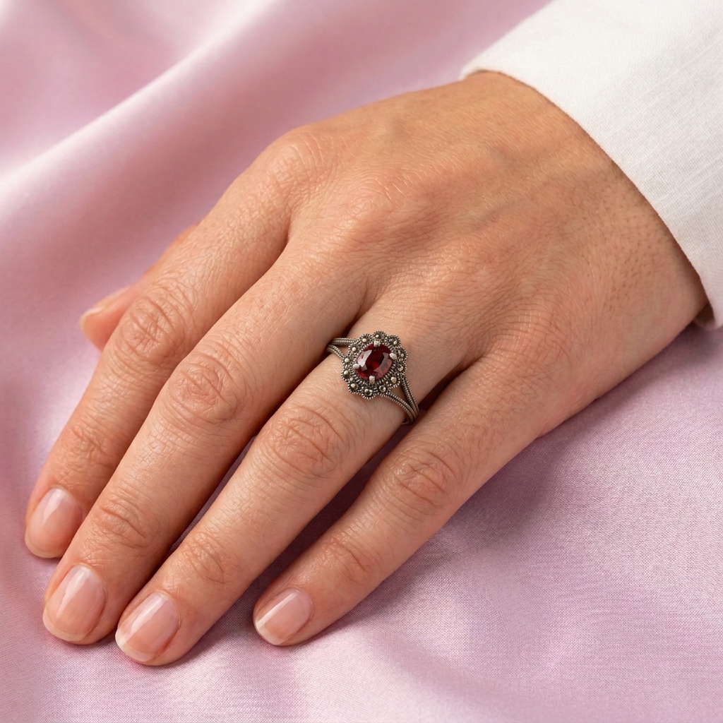 Anillo de Plata .925 Diseño Elegante con Zirconia Color Rojo Rubí y Marquesitas mod. 3153