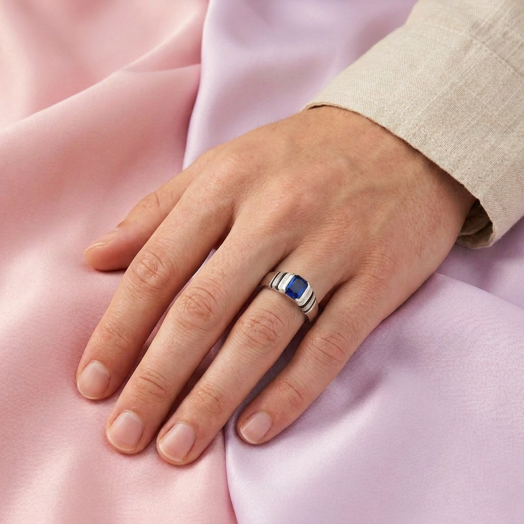 Anillo de Plata .925 Diseño Rayado con Zirconia Color Azul Zafiro mod. 2666
