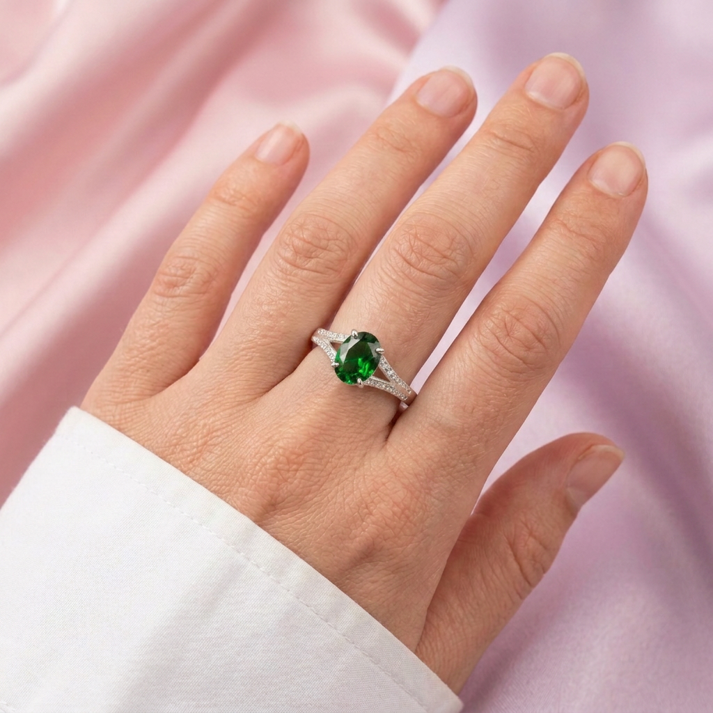 Anillo de Plata .925 con Diseño Oval con Zirconia Color Verde Esmeralda mod. 3104