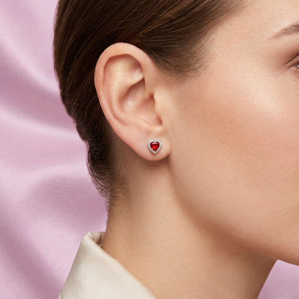 Arete de Plata .925. Corazón Rojo con Incrustación de Zirconias mod. 3173