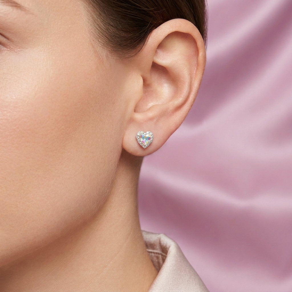 Arete de Plata .925. Corazón Blanco Elegante con Incrustación de Zirconias mod. 3166