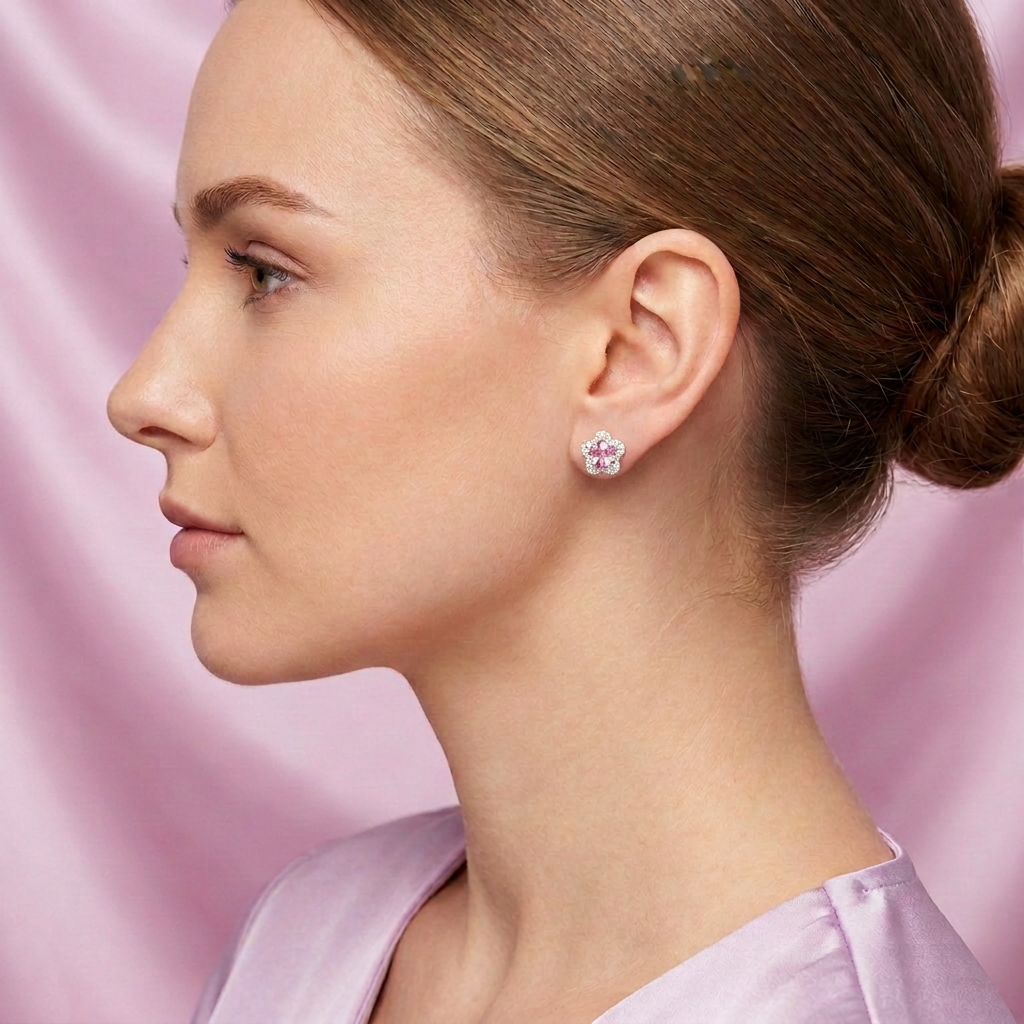 Arete de Plata .925. Flor Rosa Pastel e Incrustación de Zirconia mod. 3200