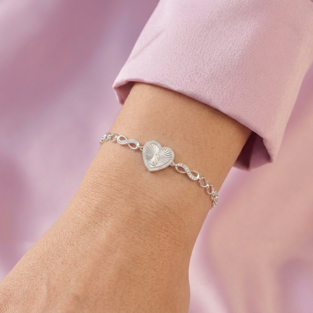Pulsera de Plata .925  Virgen de Guadalupe con Diseño de Corazón y Zirconia mod. 2735