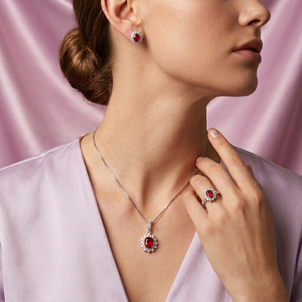 Coordinado de Plata .925 Sol Radiante Color Fucsia con Incrustación de Zirconias mod. 2949