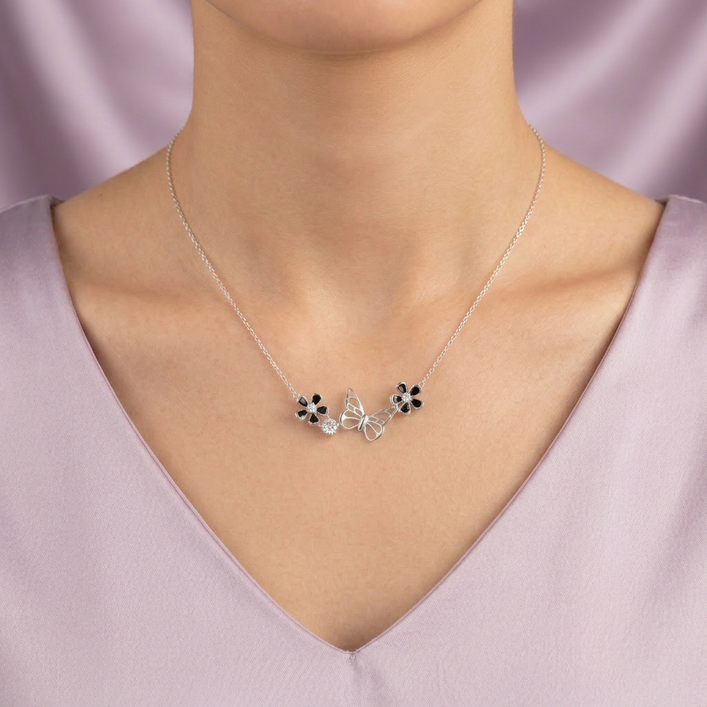 Gargantilla de Plata .925  Mariposas con Flores e Incrustación de Zirconias mod. 2612