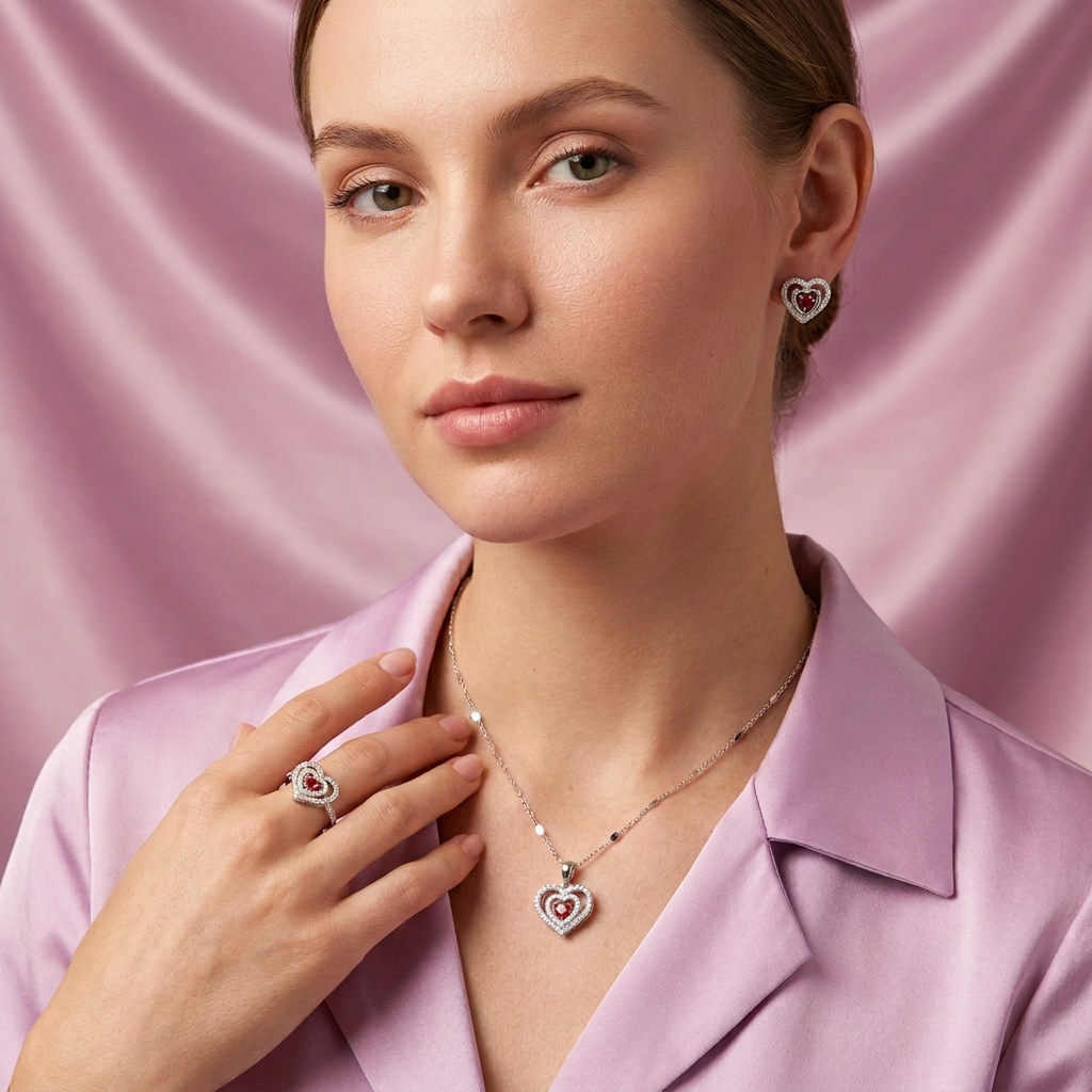 Coordinado de Plata .925 Corazón Doble con Incrustación de Zirconias y Centro de Zirconia Rojo mod. 2945