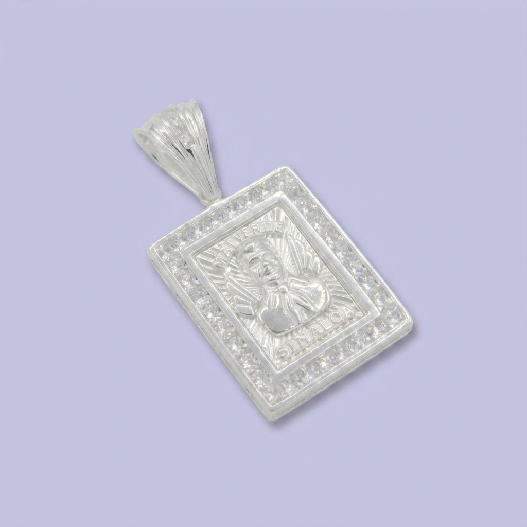 Dije Bulto de Plata .925 de Diseño Rectangular con Imagen de Malverde Detallado con Zirconias mod. 2754