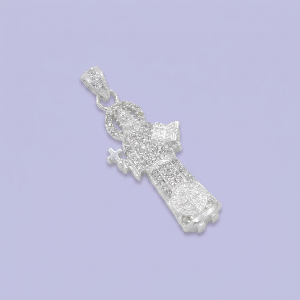 Dije Bulto de Plata .925 San Benito con Zirconias Brillantes Blancas mod. 2748
