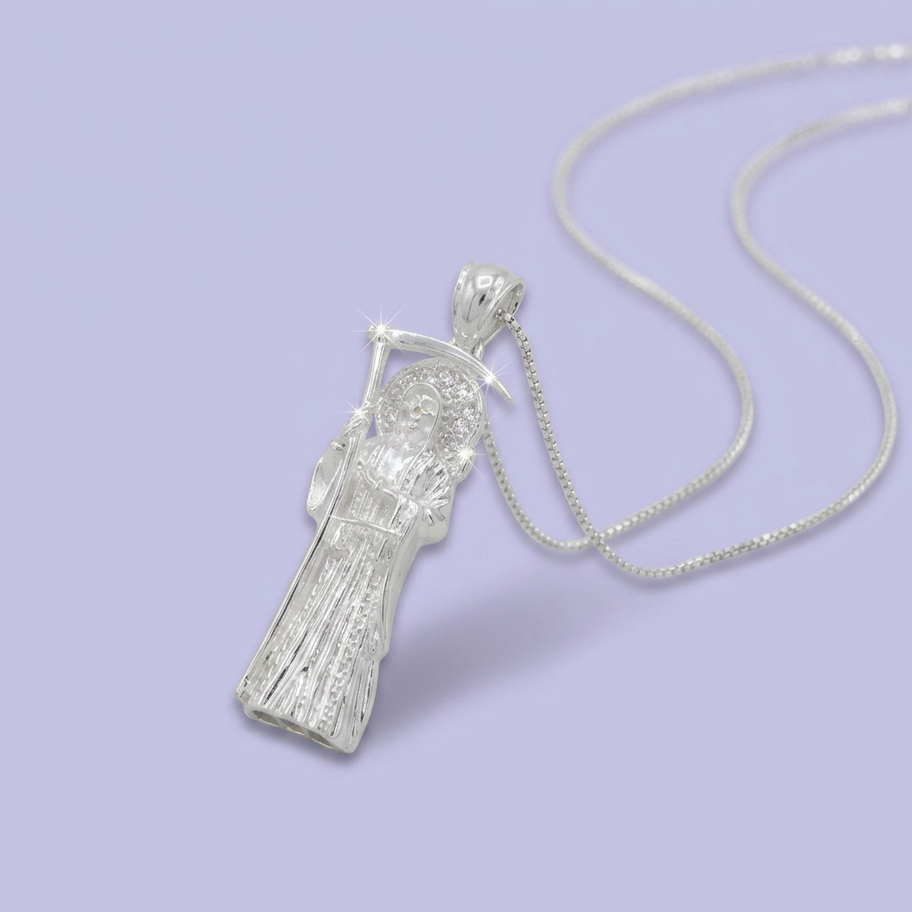 Dije Bulto de Plata .925 Santa Muerte Especial con Zirconias Finas mod. 2753