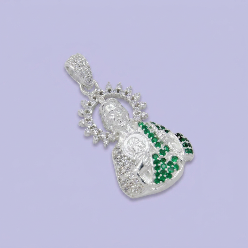 Dije Bulto de Plata .925 Busto de San Judas Incrustado con Zirconias y Aura Especial mod. 2750