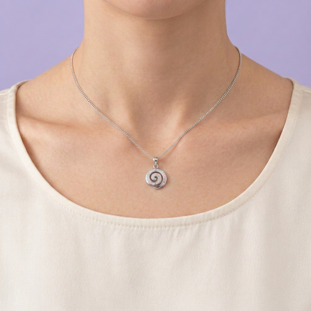 Dije de Plata .925 Espiral Incrustada con Ópalo Blanco mod. 2891