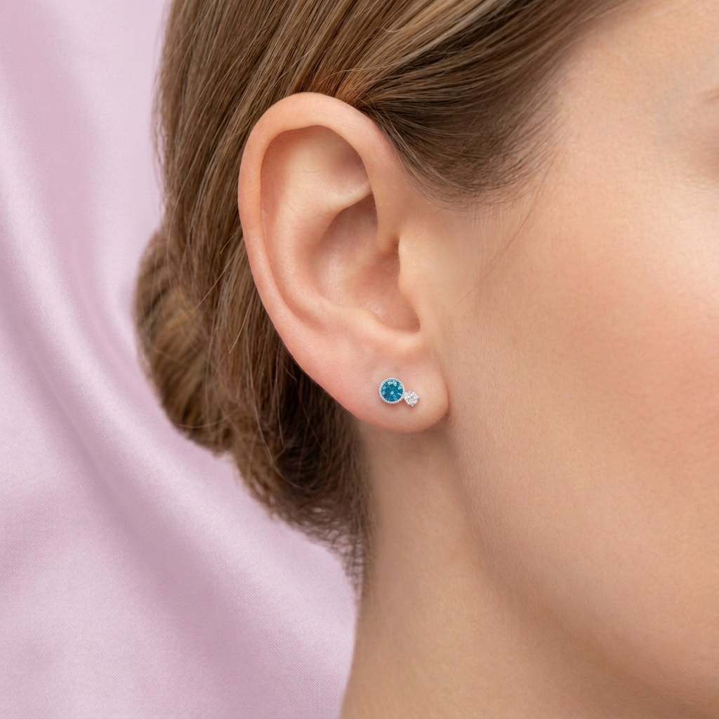 Broquel de Plata .925  Circular Doble con Zirconia Azul Cielo mod. 3055