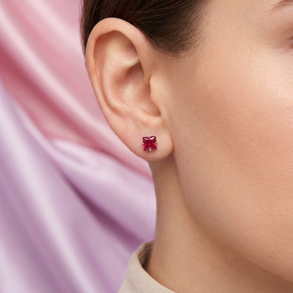 Broquel de Plata .925  Cuadrada con Zirconia Fucsia mod. 3054
