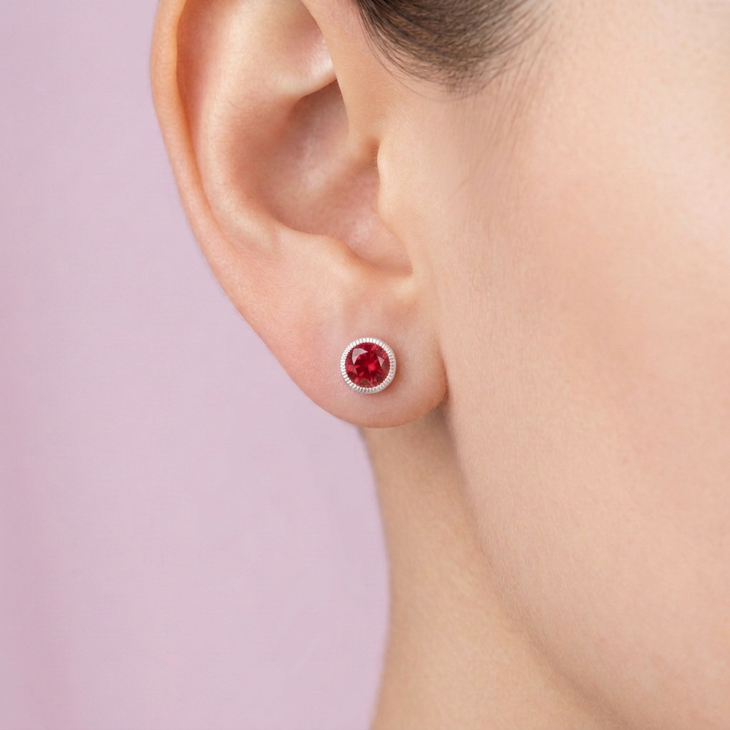 Broquel de Plata .925 Circular con Borde Platedo y Centro de Zirconia Fucsia mod. 3057
