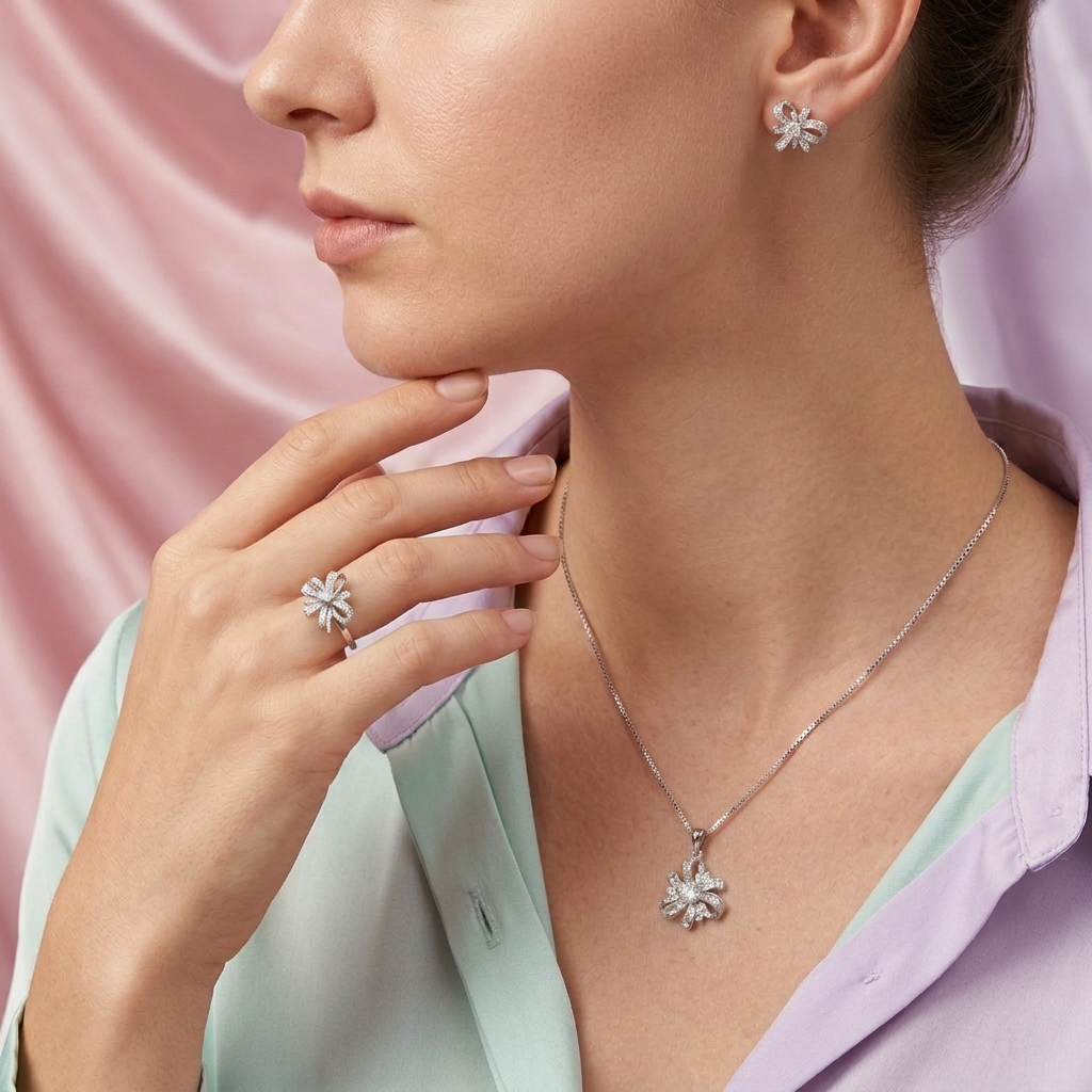 Coordinado de Plata .925 Listones y Detalles de Hojas con Incrustación de Zirconias Blancas mod. 2957