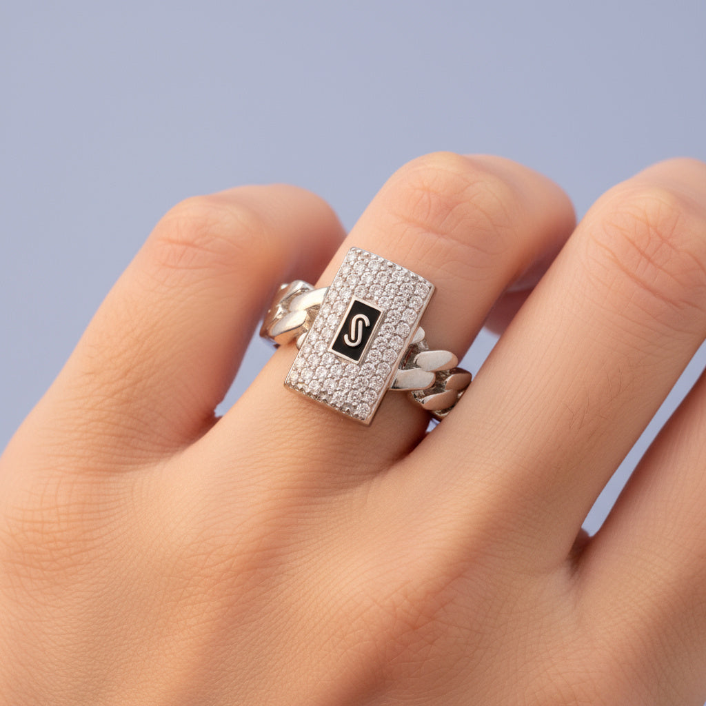 Anillo de Plata .925 Eslabones con Placa de Zirconias Blancas Brillantes mod. 1400