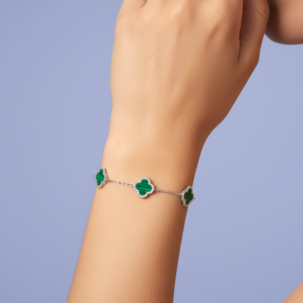 Pulsera de Plata .925 Tréboles de Malaquita con Incrustación de Zirconias mod. 1463