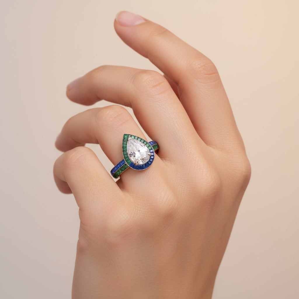 Anillo de Plata .925 Solitario Gota con Zirconias color Verde Esmeralda y Azul Zafiro mod. 1403