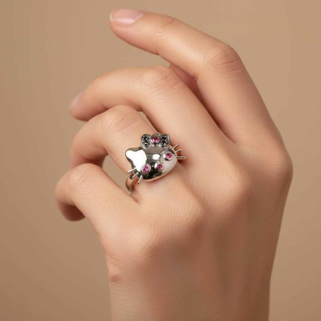 Anillo de Plata .925 Diseño Hello Kitty con Zirconias Brillantes Color Rosa mod. 1396