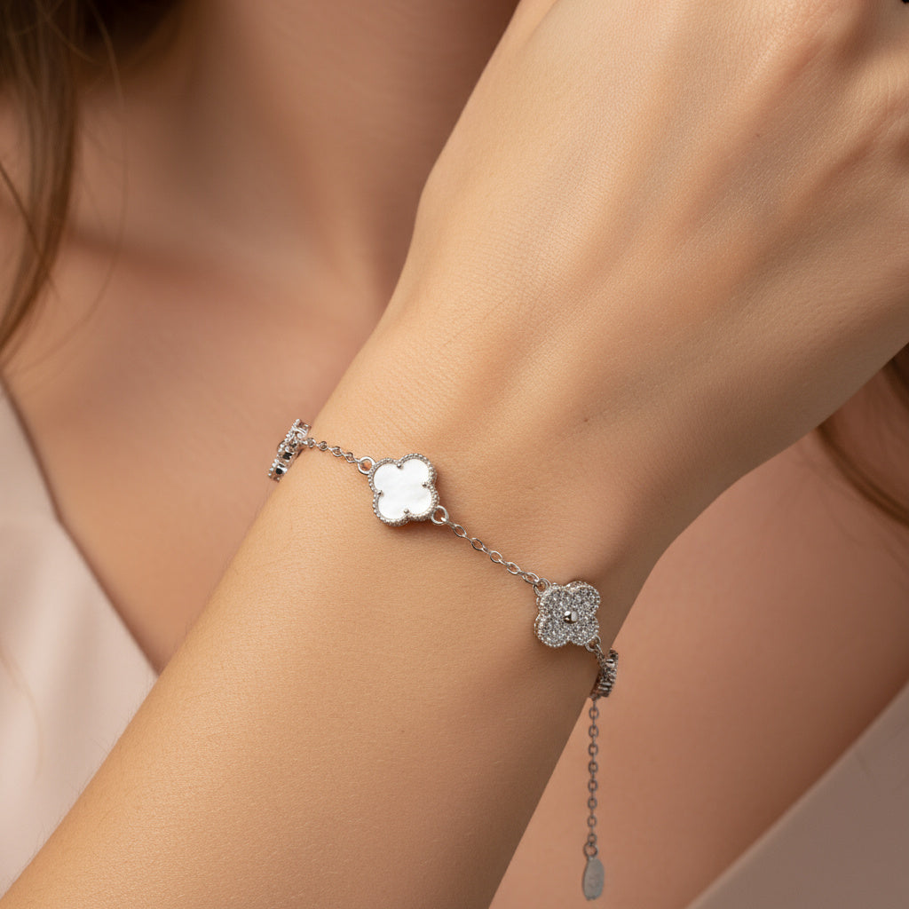 Pulsera de Plata .925 Tréboles Intercalados de Madre Perla y de Zirconias mod. 1467