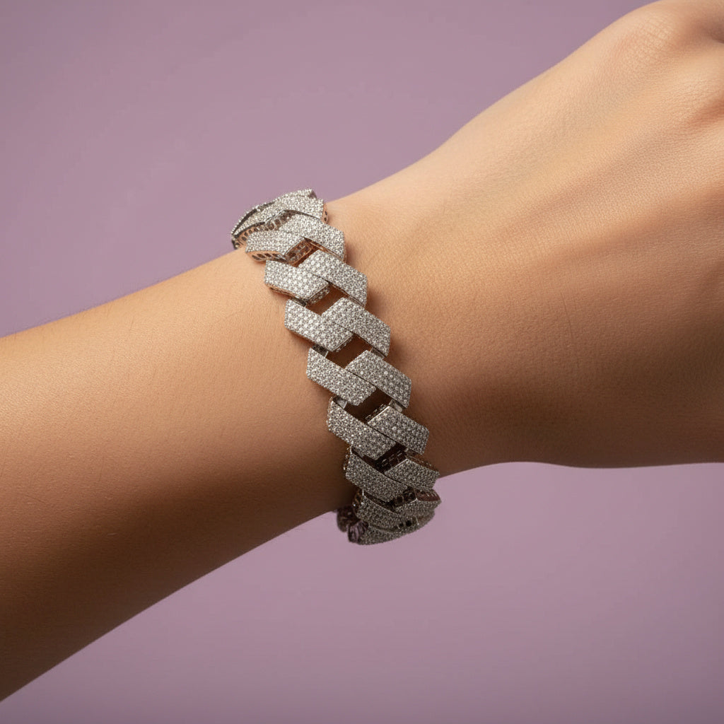 Pulsera de Plata .925 Tejido Cubano Especial con Zirconias mod. 1506