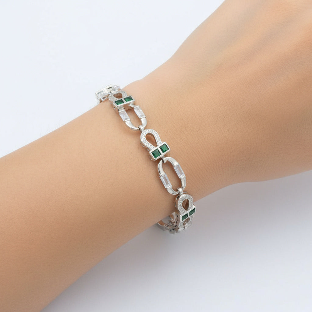 Pulsera de Plata .925 Diseño de Oval con Zirconias en Corte Baguette y Zirconias en Color Verde mod. 1473