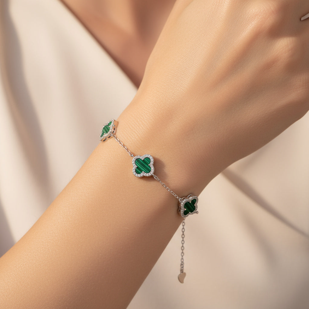 Pulsera de Plata .925 Tréboles de Malaquita con Zirconias mod. 1462