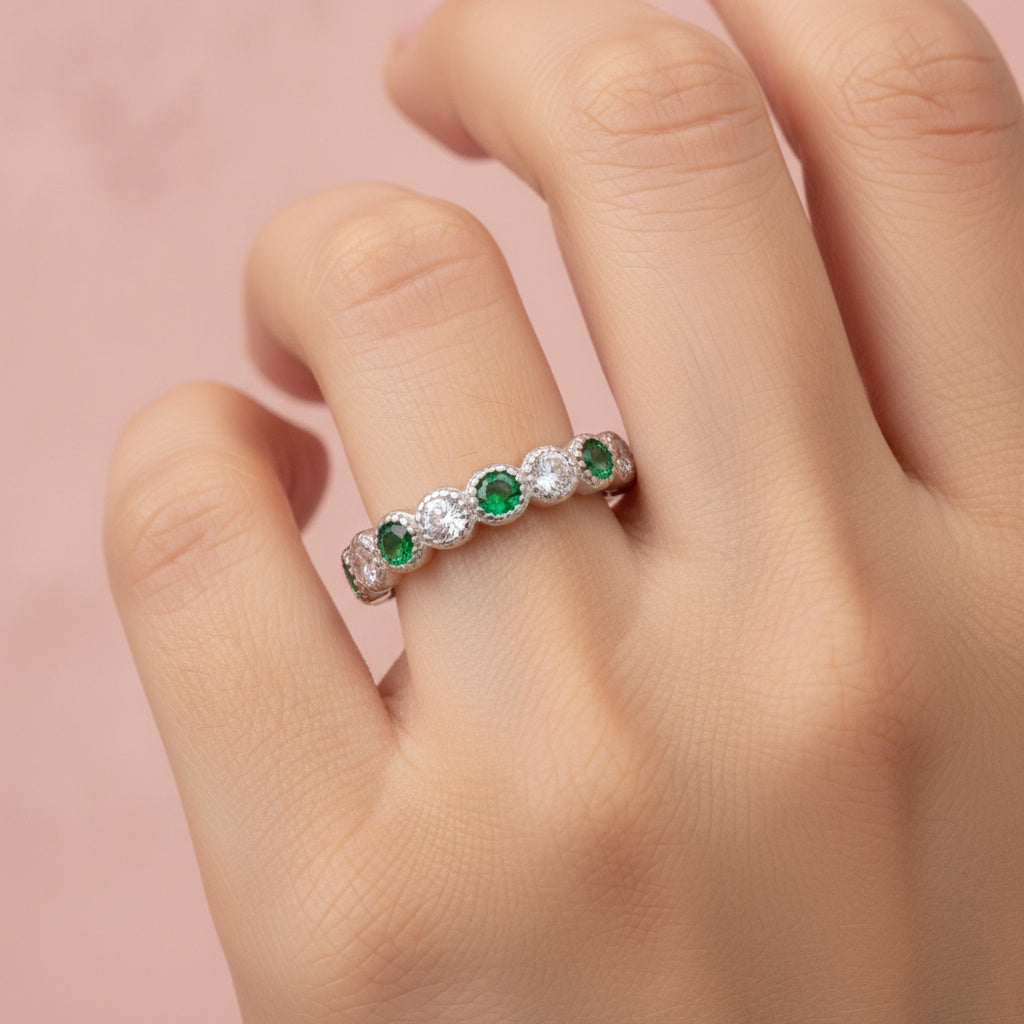 Anillo de Plata .925 Churumbela con Zirconias Color Azul Zafiro y Verde Esmeralda mod. 1363