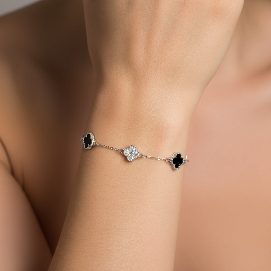 Pulsera de Plata .925 Tréboles Negro Intercalados con Tréboles de Zirconias mod. 1468