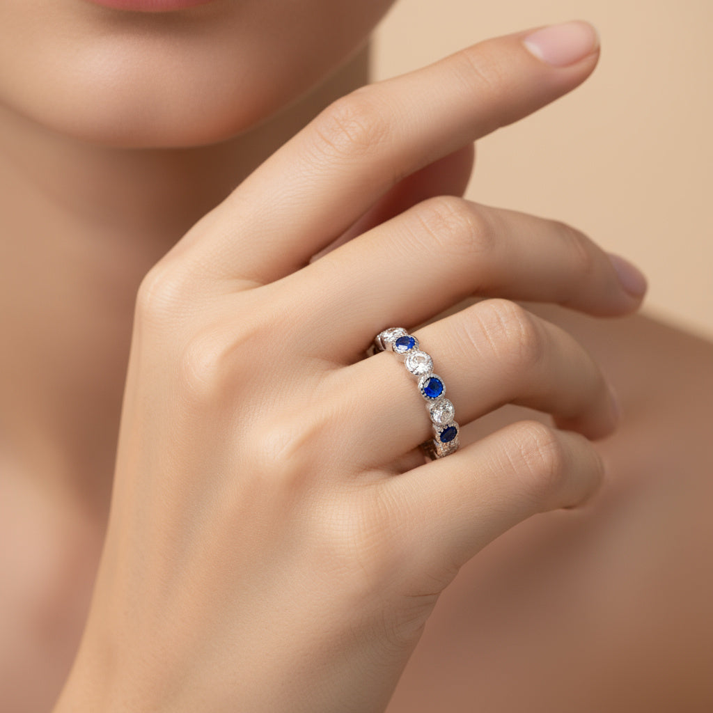 Anillo de Plata .925 Churumbela con Zirconias Color Azul Zafiro y Verde Esmeralda mod. 1363