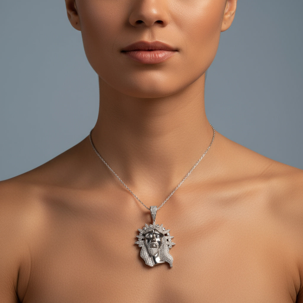Dije de Plata .925 Especial Divino Rostro Diseño Mate y Brillantes Zirconias mod. 1460