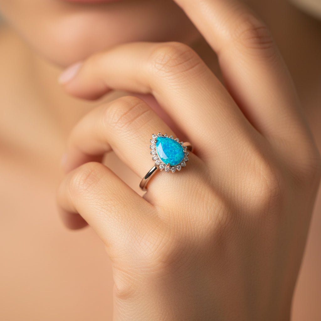 Anillo de Plata .925 con Diseño en Forma Gota Incrustado de Ópalo mod. 1500