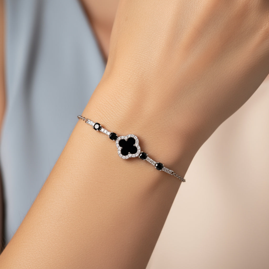 Pulsera de Plata .925 Trébol Negro con Incrustación de Zirconias mod. 1465