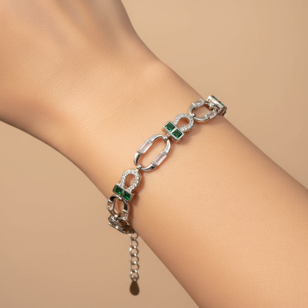 Pulsera de Plata .925 Diseño de Oval con Zirconias en Corte Baguette y Zirconias en Color Verde mod. 1473