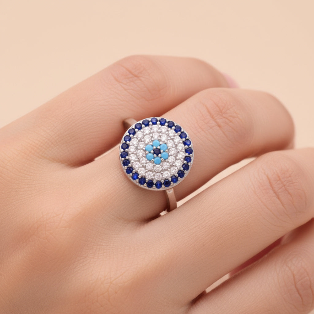 Anillo de Plata .925 con Mandala de Zirconias de Diseño Ojo Turco mod. 1386