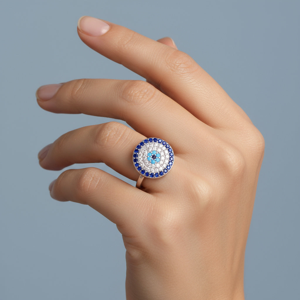 Anillo de Plata .925 con Mandala de Zirconias de Diseño Ojo Turco mod. 1386