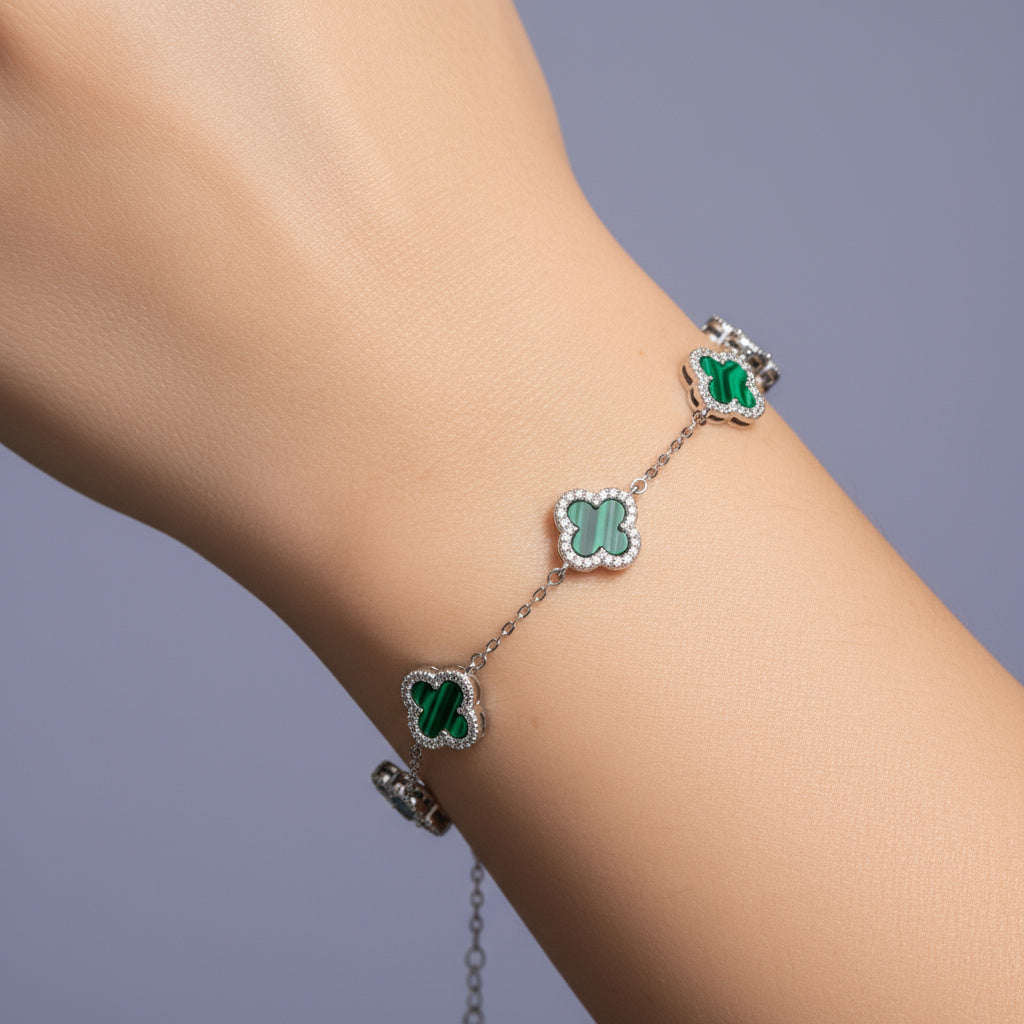 Pulsera de Plata .925 Tréboles de Malaquita con Zirconias mod. 1462