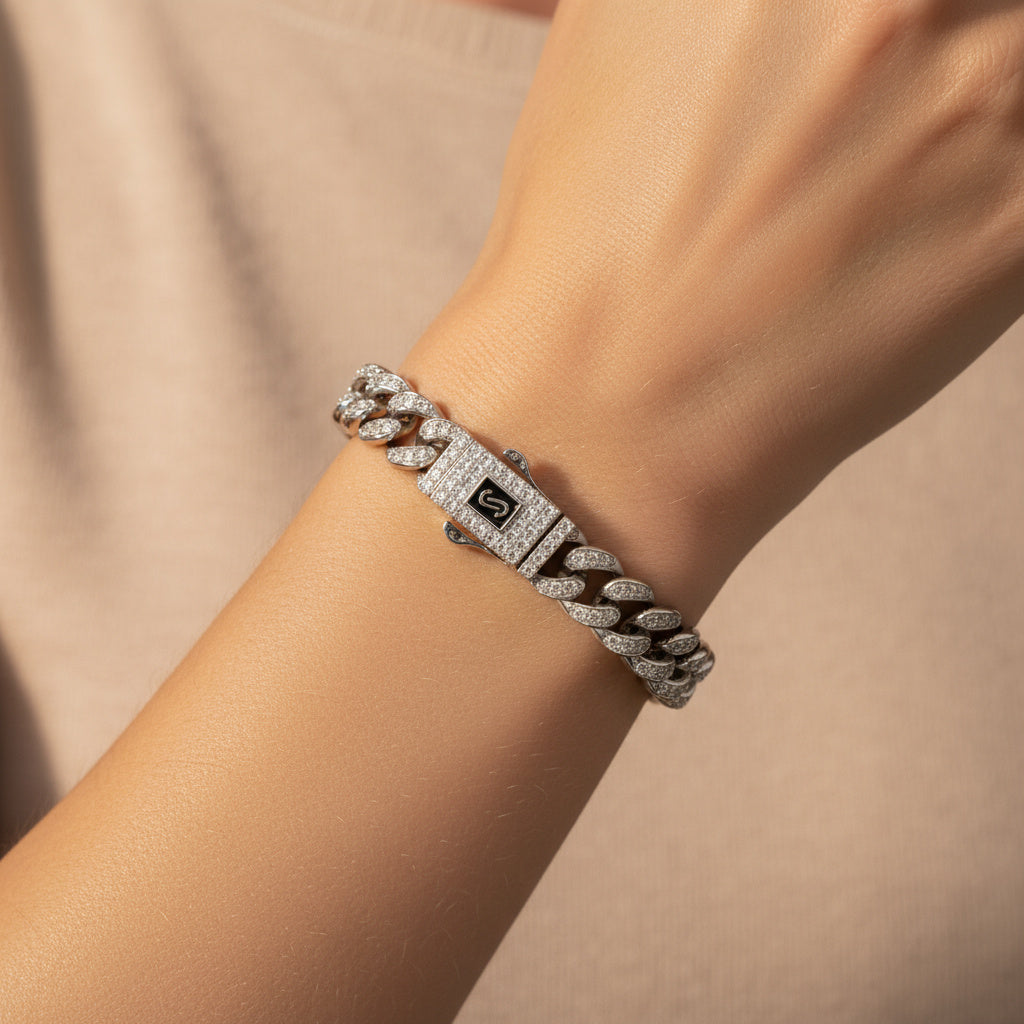 Pulsera de Plata .925 Monaco Chain Hueca de Tejido Cubano Pavé Classic Incrustado de Zirconias mod. 1471