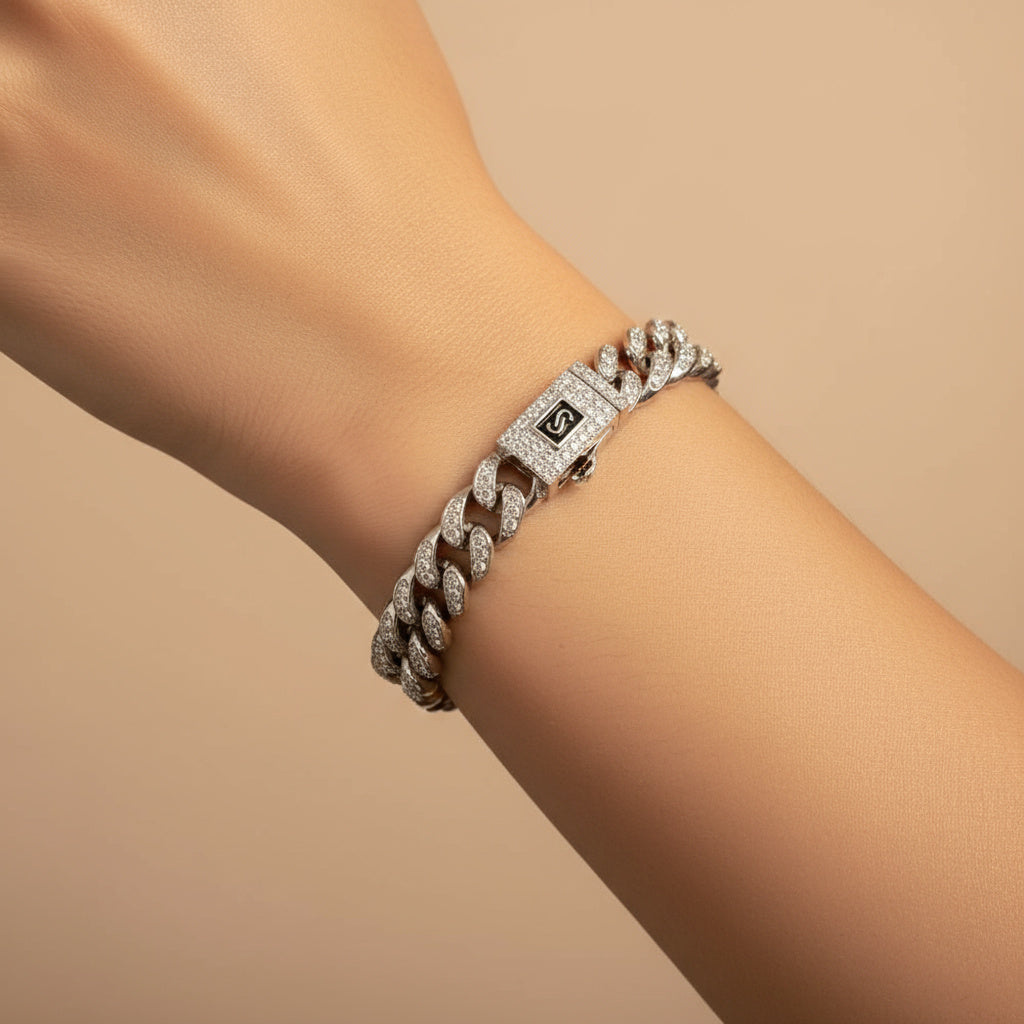 Pulsera de Plata .925 Monaco Chain Hueca de Tejido Cubano Pavé Classic Incrustado de Zirconias mod. 1471