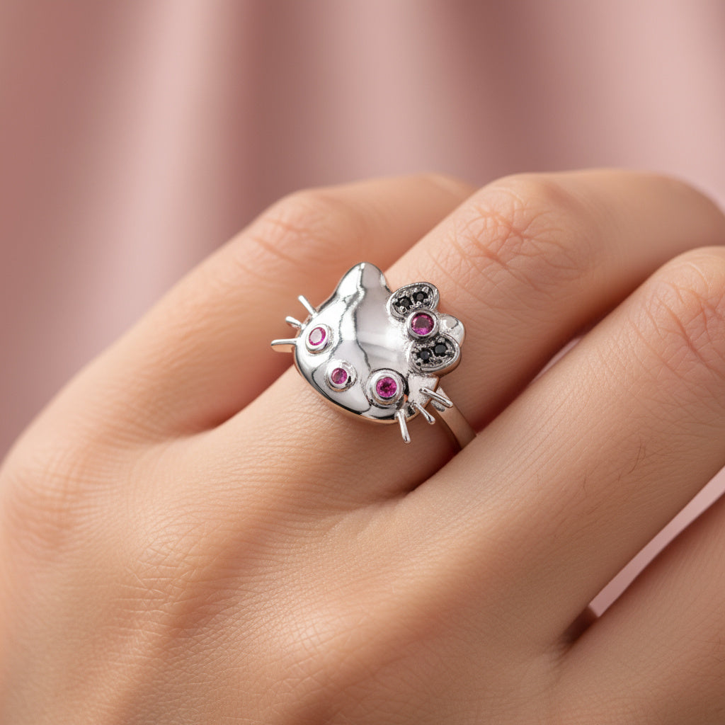 Anillo de Plata .925 Diseño Hello Kitty con Zirconias Brillantes Color Rosa mod. 1396